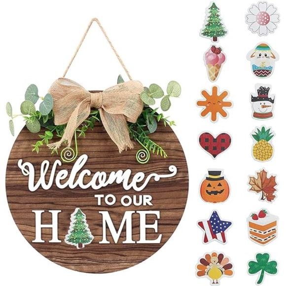 Wooden Seasonal Holiday Welcome Sign -14 Holiday Interchangeable Icons - Picture 2 of 8